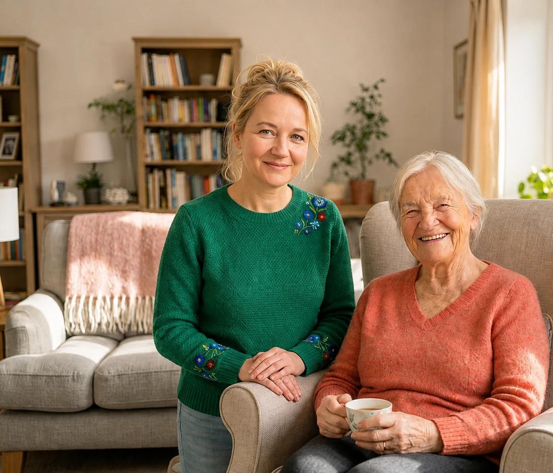 Betreuungskraft und Seniorin zu Hause im Wohnzimmer